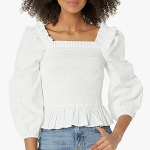 The Drop Women's Marisol Long-Sleeve Ruffle Smocked White Top Medium